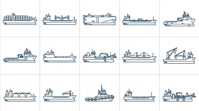 Assorted Types of Ships and Vessels Line Drawings