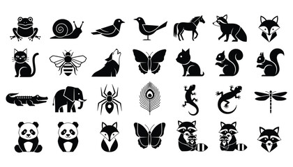 Fototapeta premium Black and White Animal Icon Vector Collection Featuring Frogs, Birds, Cats, Insects, Pandas, and Wildlife Silhouettes for Graphic Design Projects