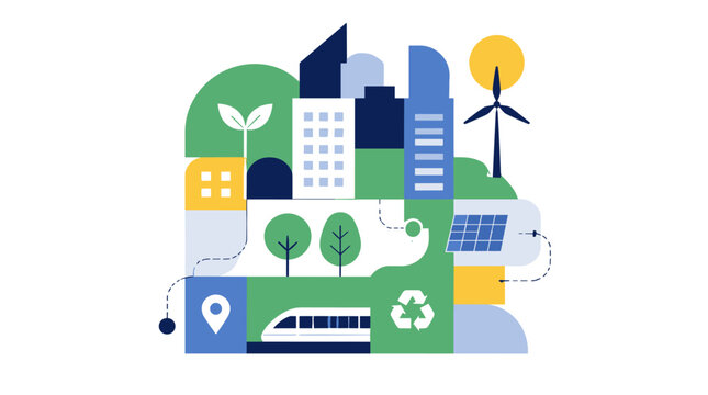 Sustainable urban city with green energy and transit.