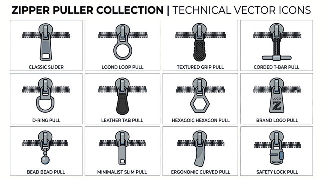 Zipper puller collection, technical vector icons