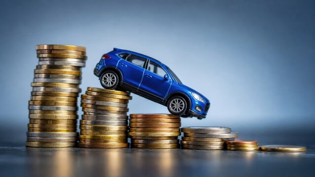 Blue Toy Car Moving Down Decreasing Coin Stacks Symbolizes Financial Market Trends Depreciation Economic Inflation And Changing Vehicle Purchase Price Valuations