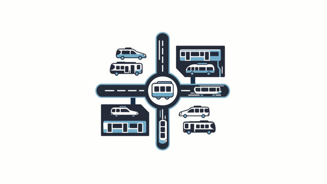 A flat vector illustration showing various public transport vehicles on a road map
