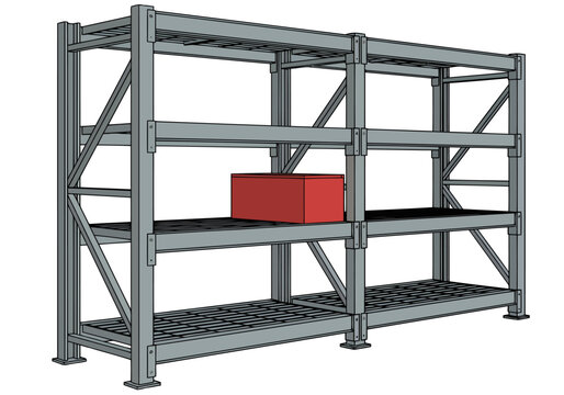 Industrial storage rack layout. Clean, modern shelving unit with a red box. Ideal for warehouse or industrial settings. Professional, organized storage solution.