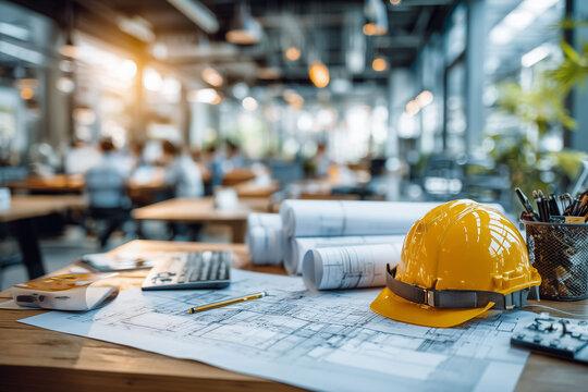 洗練された建設会社のオフィスで働くスタッフと図面が並ぶ現代的な事務所風景