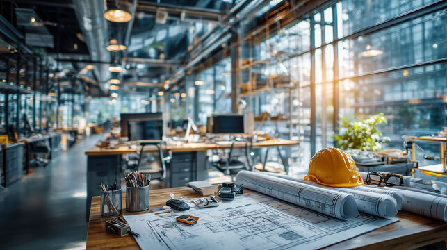 モダンな建設会社オフィスで働く社員たちと建築図面が広がる職場イメージ