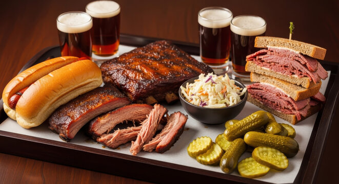 A hearty spread of American barbecue delights featuring a smoked brisket, pulled pork, a beef sandwich, a pastrami sandwich, coleslaw, pickles, and four glasses of dark beer on a wooden table.