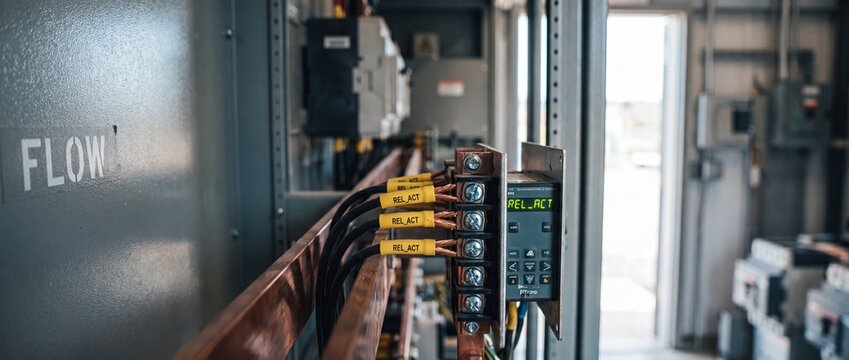 Electrical control panel wiring distribution with digital relay controller, copper busbars, and cable connections in industrial power plant for energy grid infrastructure engineering and maintenance.