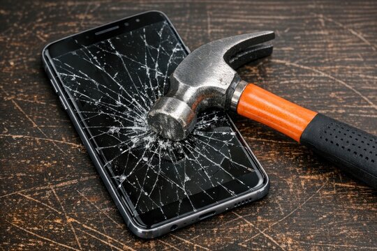 A hammer hits a cell phone with a broken screen, a concept of destruction and repair