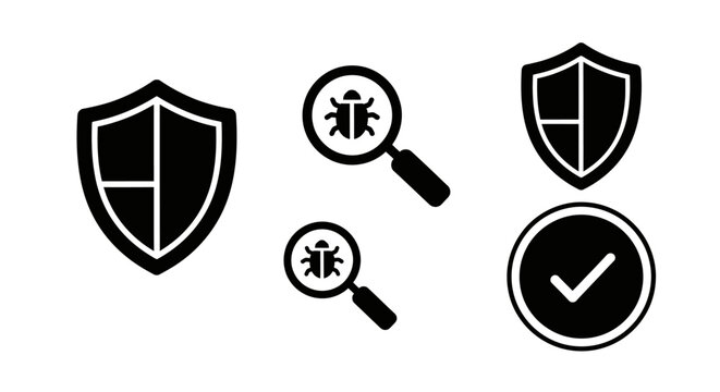Cyber Security Icons: Shield, Bug Search, Magnifying Glass, Checkmark
