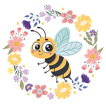 Hand drawn vector illustration of cute bumblebee inside a colorful floral wreath. Flat cartoon honey bee insect character surrounded by wild spring flowers for nursery decor, greeting cards 