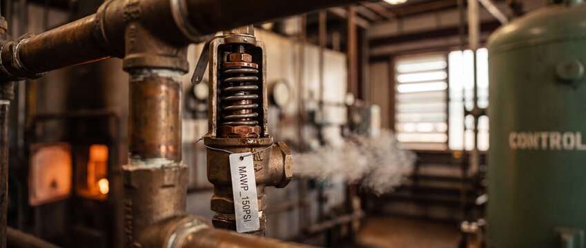 Industrial pressure relief safety valve venting steam in a boiler room. Vintage copper piping system under high pressure in a factory plant, displaying a metal warning tag for engineering maintenance.