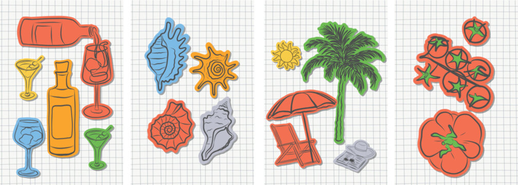 summer Amalfi beach doodle sticker set grunge scribble coastal drawings sea travel scrapbook hand drawn collage illustrations social media vacation cocktail palm tree beach umbrella seashells tomatoes