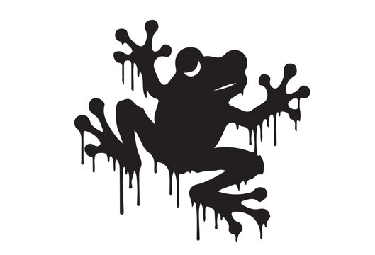 Stylized black silhouette of a frog with dripping paint effect.