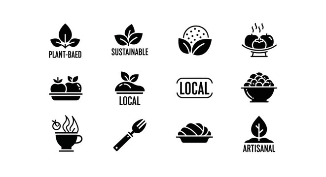 Food Icons Set: Plant-Based, Sustainable, Local, Artisanal, Organic