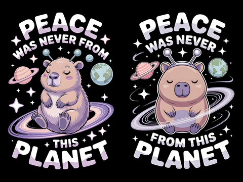 Cute Alien Capybara Cartoon Meditating in Space with Stars, Planets, and Saturn Rings