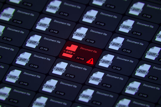 Dangerous executable .exe virus file disguised as a safe PDF document among other files on a screen. Concept of cyber security and malware attack.
