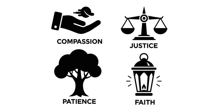 Four Virtues Icons: Compassion, Justice, Patience, Faith - Black and White Symbols