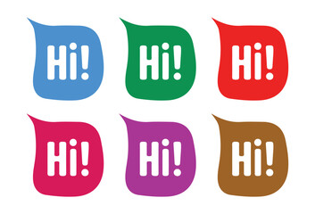 Speech bubble sticker set with hi greeting text in six different colors for messaging. © Khadija Akther