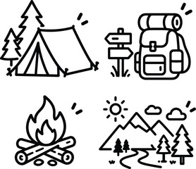 Fototapeta premium Camping and outdoor adventure flat line icon set