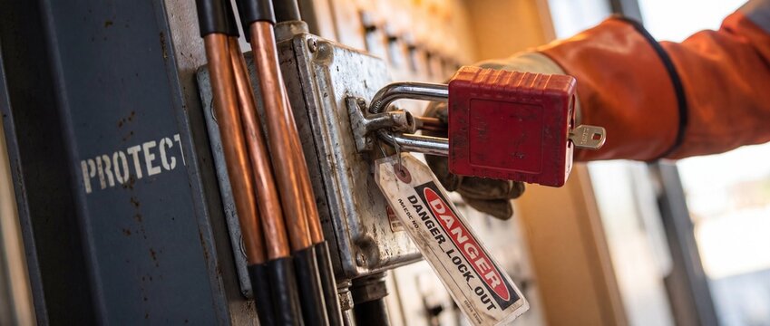 Lockout tagout padlock electrical safety worker hand locking switch box with danger tag occupational hazard prevention compliance industrial energy security protocol lockout-tagout procedure