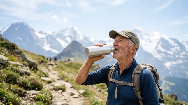 Active senior citizen drinking water from a thermos bottle while hiking along a rocky trail with snowy mountain peaks in the background, enjoying dynamic retirement tourism.