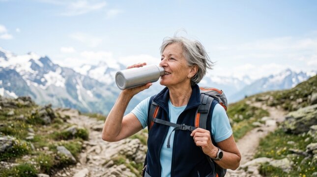 Active senior citizen drinking water from a thermos bottle while hiking along a rocky trail with snowy mountain peaks in the background, enjoying dynamic retirement tourism.
