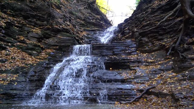 Wide shot of Eternal Flame Falls and flame in the autumn near Buffalo, New York.