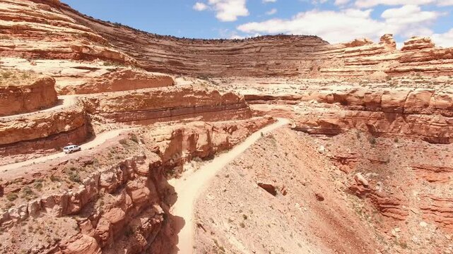 Vehicle driving the Moki Dugway road in Utah from a drone persepctive.