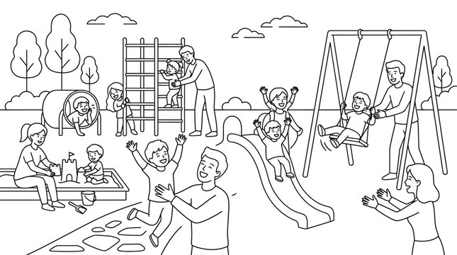 Line drawing of children playing on a playground with various equipment and adults supervising in a park with trees and clouds.
