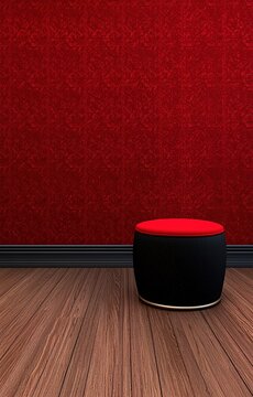Vintage Wallpaper Background with Red Pattern and Modern Stool