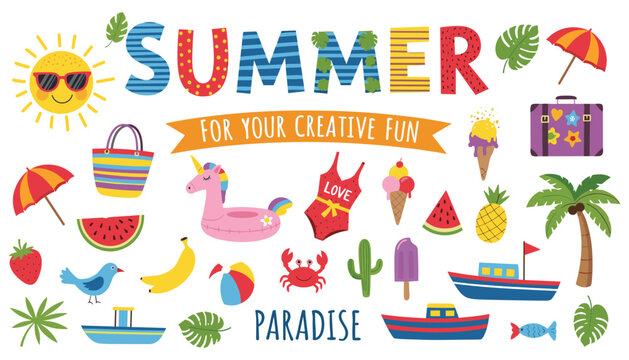 Colorful Summer Vacation Vector Illustration Featuring Sun with Sunglasses, Tropical Fruits, Beach Accessories, Unicorn Float, and Paradise Travel Design