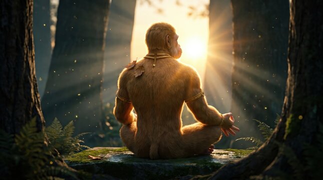 Monkey deity meditating on mossy stone in forest mindfulness wellness