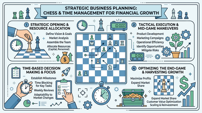 Infographic titled 'Strategic Business Planning: Chess & Time Management for Financial Growth' with a chessboard and business strategy graphics on a white background with blue accents.