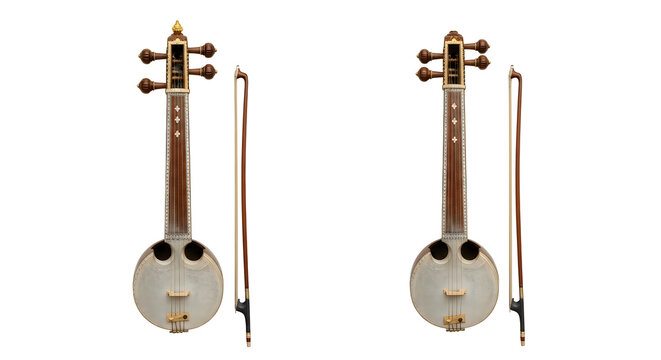 Traditional stringed instrument with two bows on display