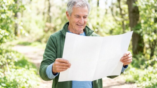 Smiling senior citizen holding and studying a large unfolded paper map outdoors, navigating a route or planning a path during a hiking journey and nature recreation.