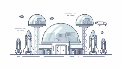A futuristic space base with rockets and domes on a distant planet surface © Iwakwader