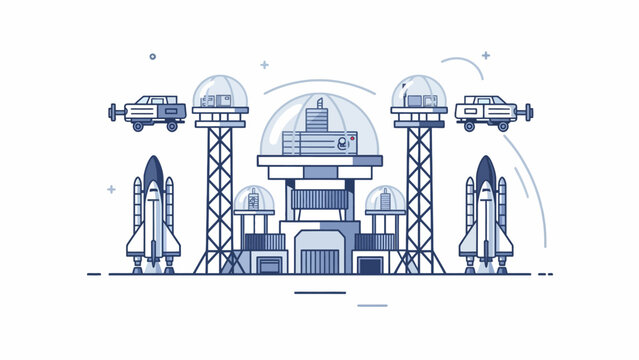 A futuristic space station base with rockets and flying vehicles in a flat design style