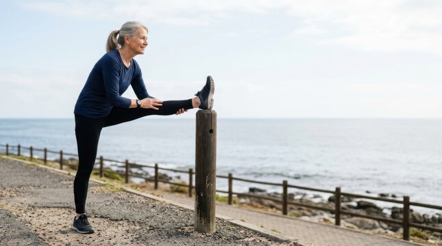 Active senior citizen executing a leg stretching exercise on a wooden post along a coastal path by the ocean, focusing on fitness and healthy aging during outdoor recreation.