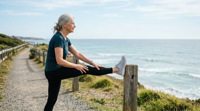 Active senior citizen executing a leg stretching exercise on a wooden post along a coastal path by the ocean, focusing on fitness and healthy aging during outdoor recreation.