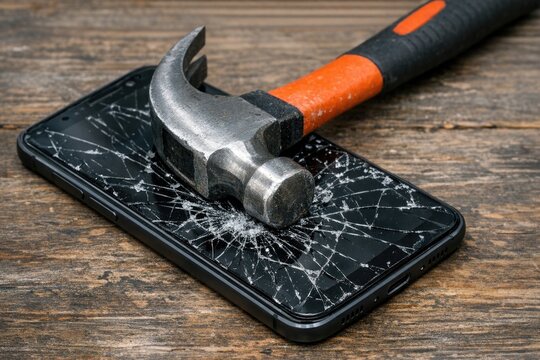 A hammer hits a cell phone with a broken screen, causing damage to the device