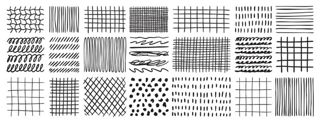 Fototapeta premium Hand drawn grids patterns set. Doodle pencil texture collection. Abstract line backgrounds for design