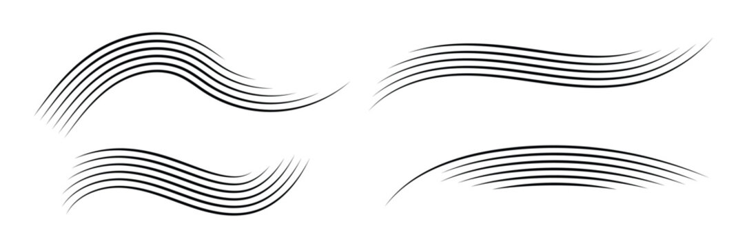 Minimalist Wavy Wind Line Art Set, Abstract Black Curved Streamline Graphic Elements, and Modern Organic Dynamic Swoosh Motion Wave Vector Design