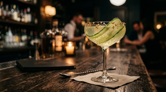 A refreshing cucumber cocktail garnished with thin slices of cucumber sits on a rustic bar counter, illuminated by soft ambient light. This image evokes a sense of sophisticated relaxation.