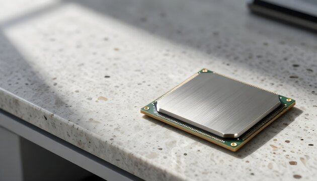 A close-up shot of a modern computer processor chip on a stone surface with dramatic sunlight.