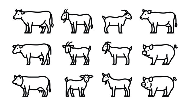 Cow vector silhouette illustration set including goat and pig farm animals