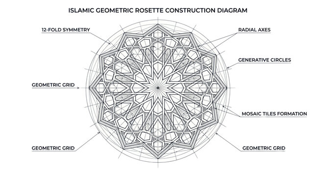 Islamic geometric rosette construction diagram with technical labels