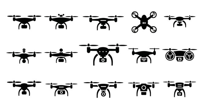 Modern Drone Icons Set - Quadcopter and Aerial Vehicle Silhouettes