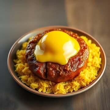 Traditional food from South Africa.  Bobotie with yellow rice. A curried minced meat dish topped with a golden egg custard.