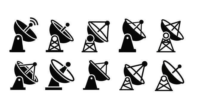 Satellite Dish Icons Set - Communication Technology and Signal Transmission
