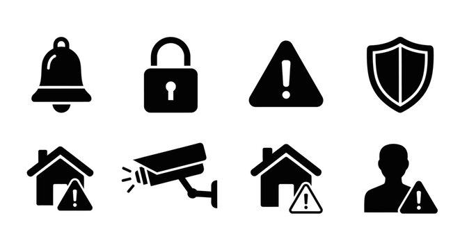 Security Icons: Bell, Lock, Warning, Shield, House, Camera, Alert, Person